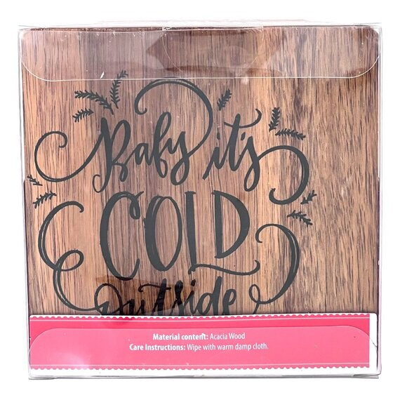 Holiday Time 4-Pack Decorative Coaster Set Baby It's Cold Outside Acacia Wood - Picture 2 of 11